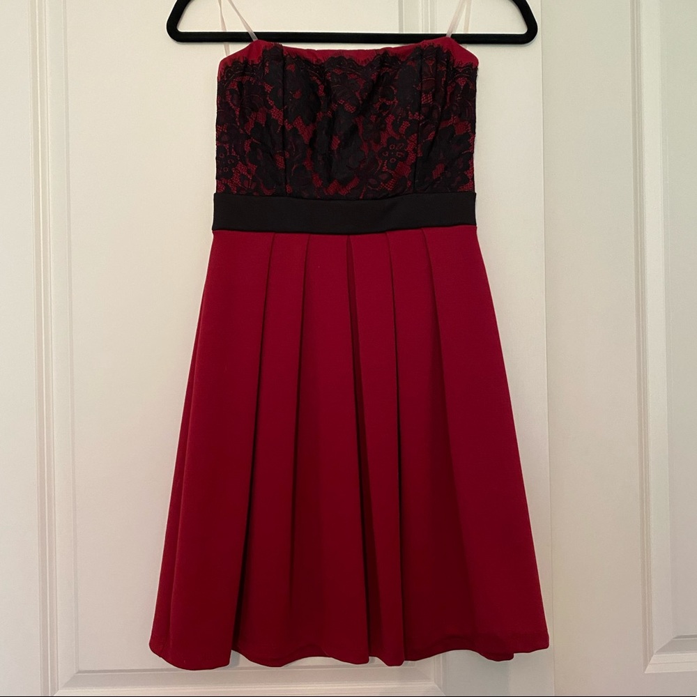 Red strapless ModCloth dress with black lace
